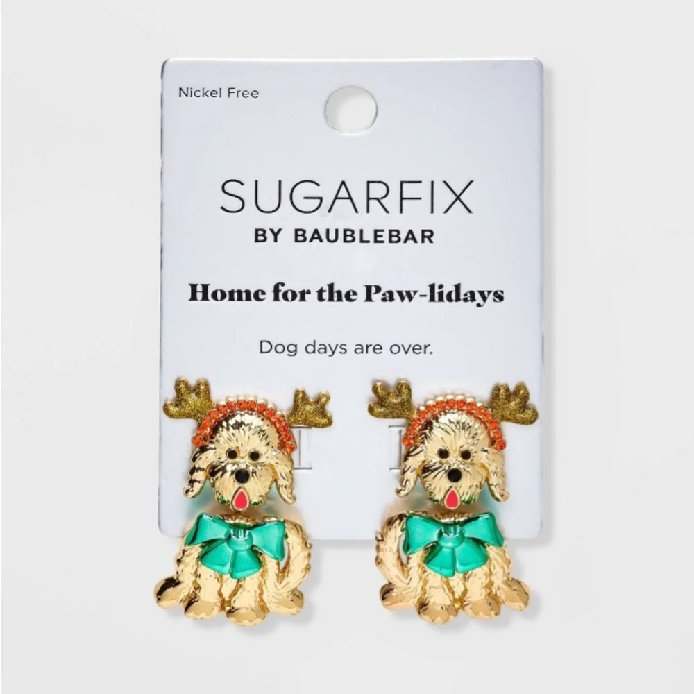 SUGARFIX by BaubleBar Home for the Paw-lidays Earrings  NWT Labradoodle Dog Bow - Picture 4 of 6